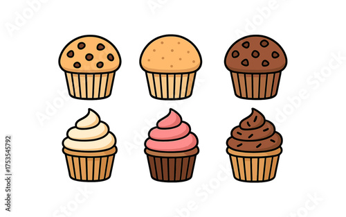 Assorted cupcake and muffin icons in cartoon style with chocolate and vanilla flavors