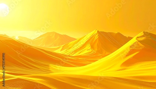 Fototapeta Naklejka Na Ścianę i Meble -  A sunlit panoramic view of a desert landscape, featuring rolling sand dunes and distant mountain silhouettes under a golden sky