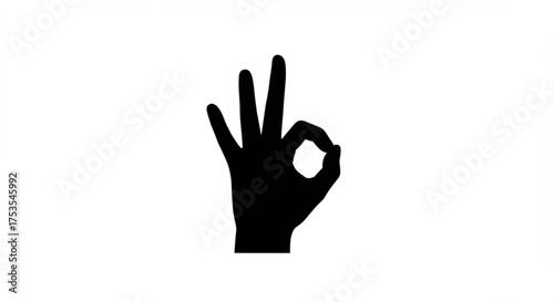 Simple Black Silhouette of Hand Gesture Indicating "OK" Sign on White Background, Symbol of Approval, Positive Feedback, and Communication; Minimalist Style & Concept