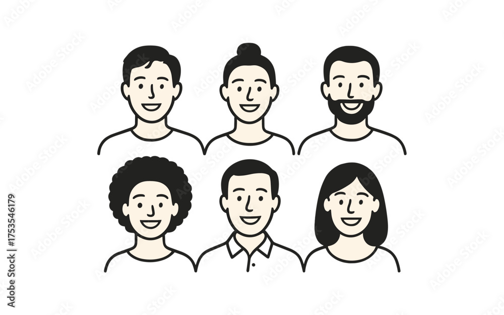 Fototapeta premium Diverse cartoon characters with various hairstyles in monochrome