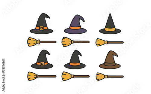 Colorful witch hat and broomstick icons set for halloween