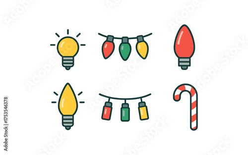 Festive holiday icons with retro christmas lights and candy cane on dark background