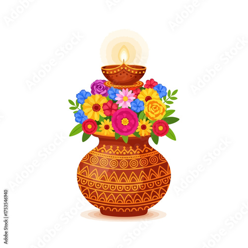 Celebrate Diwali with this stunning diya and flowers arrangement, perfect for festive greetings and vibrant holiday promotions with a touch of tradition