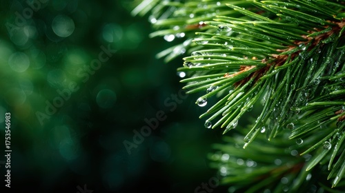 A close-up image of dew-covered pine needles glistening after rain, displaying nature's subtle beauty and the refreshing essence of the outdoors, perfect for evoking serenity and tranquility.