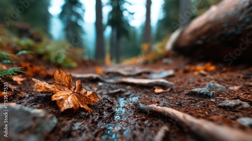 A serene forest pathway is covered with dried autumn leaves, showcasing nature's beauty in fall, inviting reflection and a sense of peace amidst rustic charm.