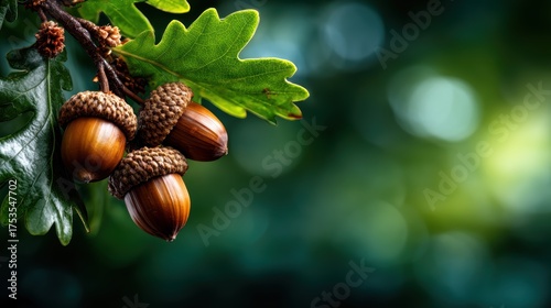 A captivating close-up of ripe acorns hanging from an oak tree branch, showcasing their smooth texture and natural beauty against a bokeh background. Nature's detail!
