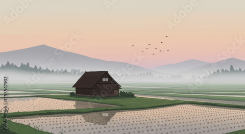 Serene Japanese countryside scene at sunrise with a traditional house and rice paddies