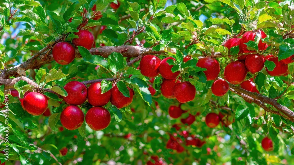 Obraz premium Lush apple tree branches abundantly loaded with ripe red apples surrounded by green leaves