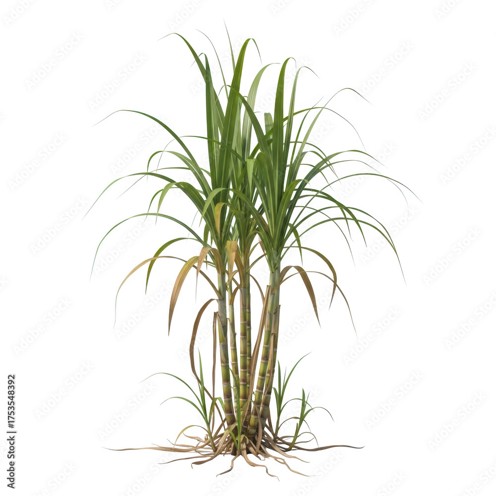 Obraz premium Sugar cane plant with roots and green leaves isolated on transparent background