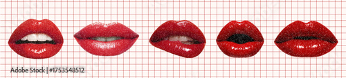 Glossy red lips collage on rid background, halftone pop art aesthetic for beauty, fashion, and glam-inspired design compositions.
