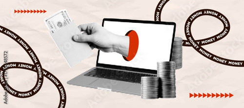 Modern halftone collage on the theme of money, banking, and online payments. A laptop with a hand holding dollar bills emerging from its screen, stacks of coins next to the laptop.