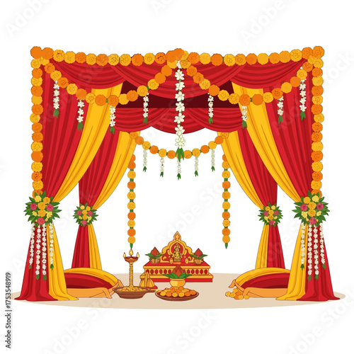 Vibrant, ornate Hindu wedding mandap with marigold garlands and rich red and yellow drapes evokes joyful celebration and cultural tradition