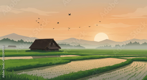 Serene Japanese Rice Fields at Sunrise with Traditional Farmhouse and Birds Flying in the Sky