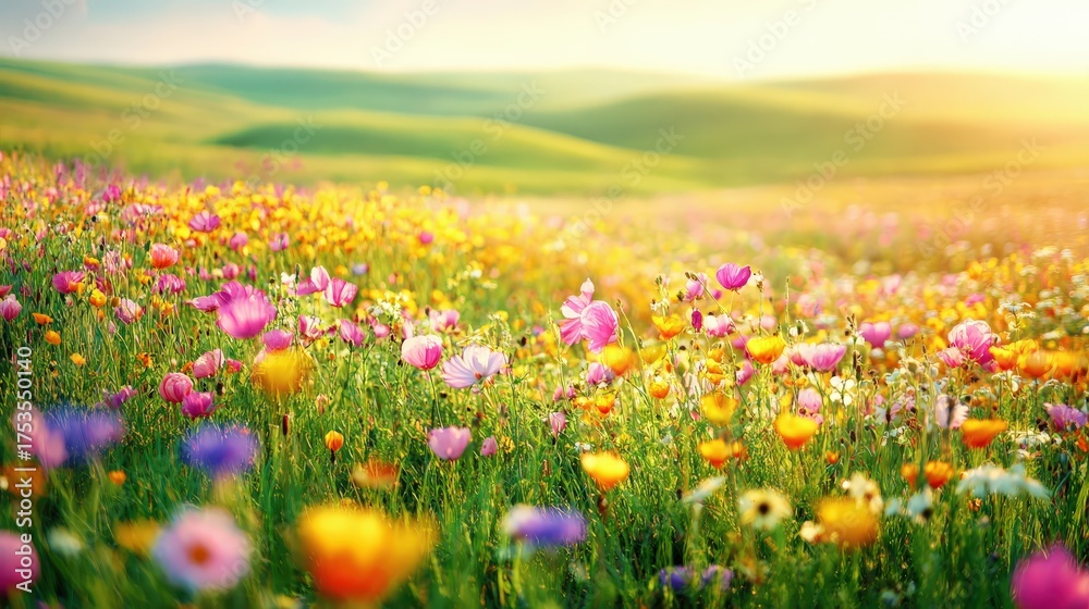 Obraz premium Vibrant flower field at sunset with colorful blossoms and rolling hills