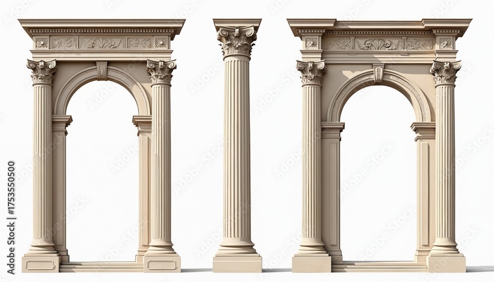 Obraz premium Three antique architectural elements on white background. Two Roman arches with fluted Corinthian columns frame empty space. One separate ornate column stands between. Classic design for interior