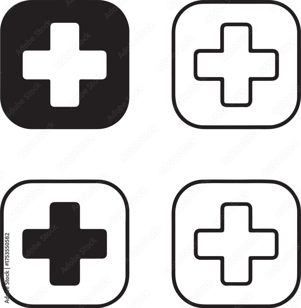 Obraz premium Isolated healthcare icons, black medical cross symbol, hospital care vector, minimal health service design, professional treatment icon set, emergency medical support illustration
