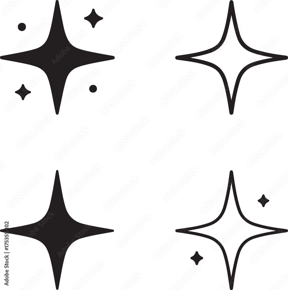 Obraz premium Isolated spark icons, black shining flash symbol, creative energy sparkle vector, minimal thin stroke light burst design, glowing inspiration element, modern bright icon set