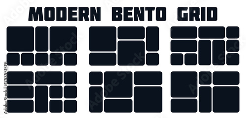 Set of Trendy bento grid layout style brick Ui UX templates. Grey on dark. Web comic grids, rounded corners. Different panel layouts with brutal shapes tiles of different sizes Vector illustration	

