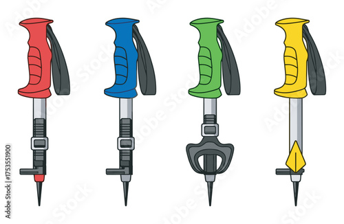 Set of four colorful push pin illustrations featuring different designs and colors, including red, blue, green, and yellow, with distinct handles and tips.