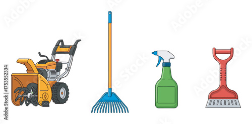 Four illustrated garden tools including a snow blower, a blue-tipped rake, a green spray bottle, and a red-handled shovel arranged neatly.