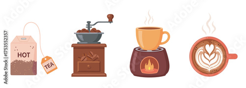 Various hot beverage elements including a tea bag, a manual coffee grinder, a cup on a warmer, and a cappuccino with latte art.