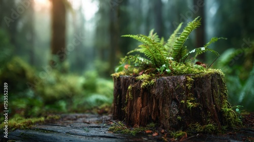 A vibrant scene of lush green ferns thriving atop a weathered tree stump, surrounded by a misty forest backdrop, capturing the essence of nature's resilience and beauty.
