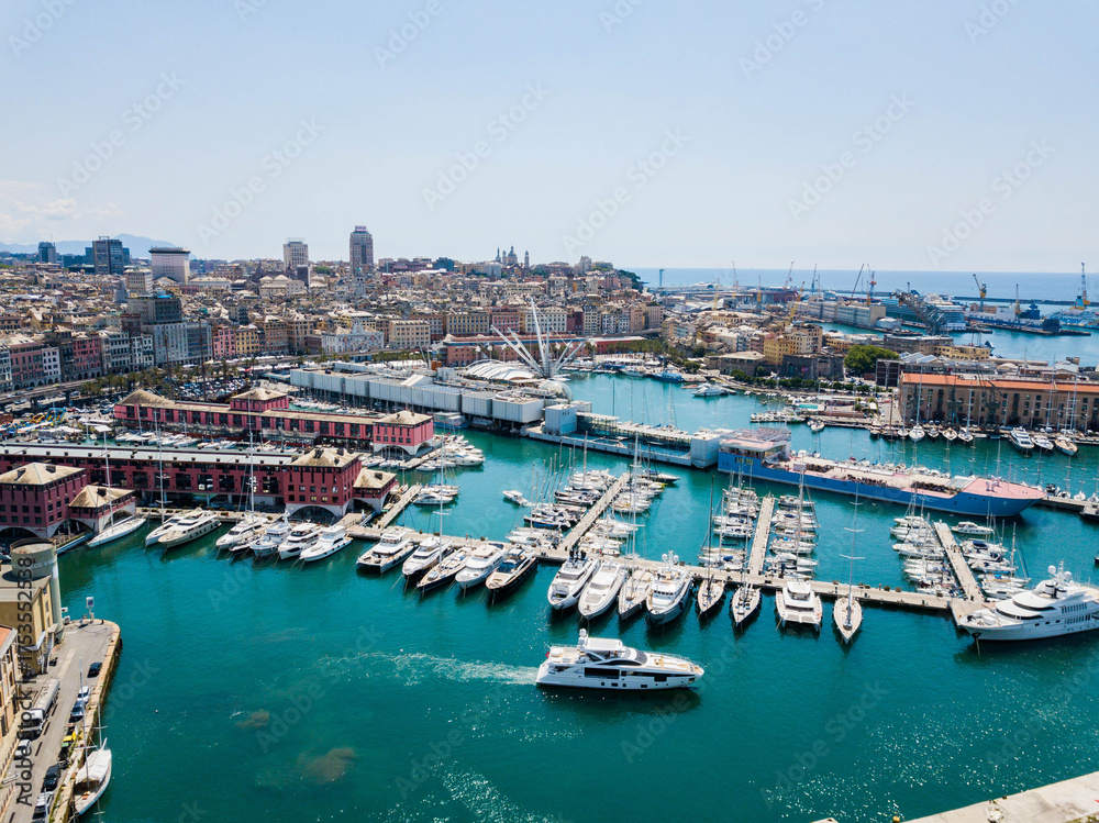 Obraz premium Genoa, Italy - aerial view of the port area and city