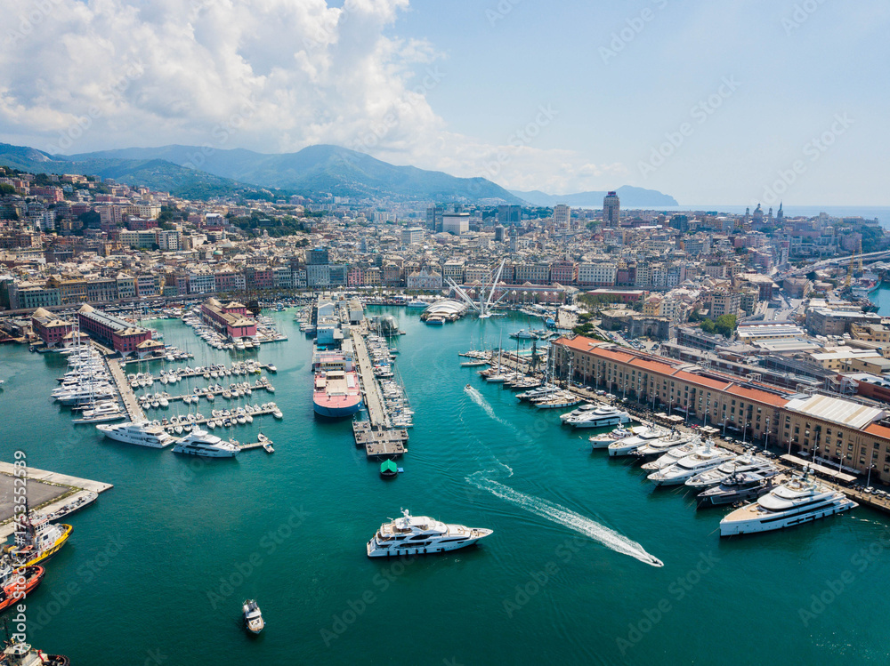 Obraz premium Genoa, Italy - aerial view of the port area and city