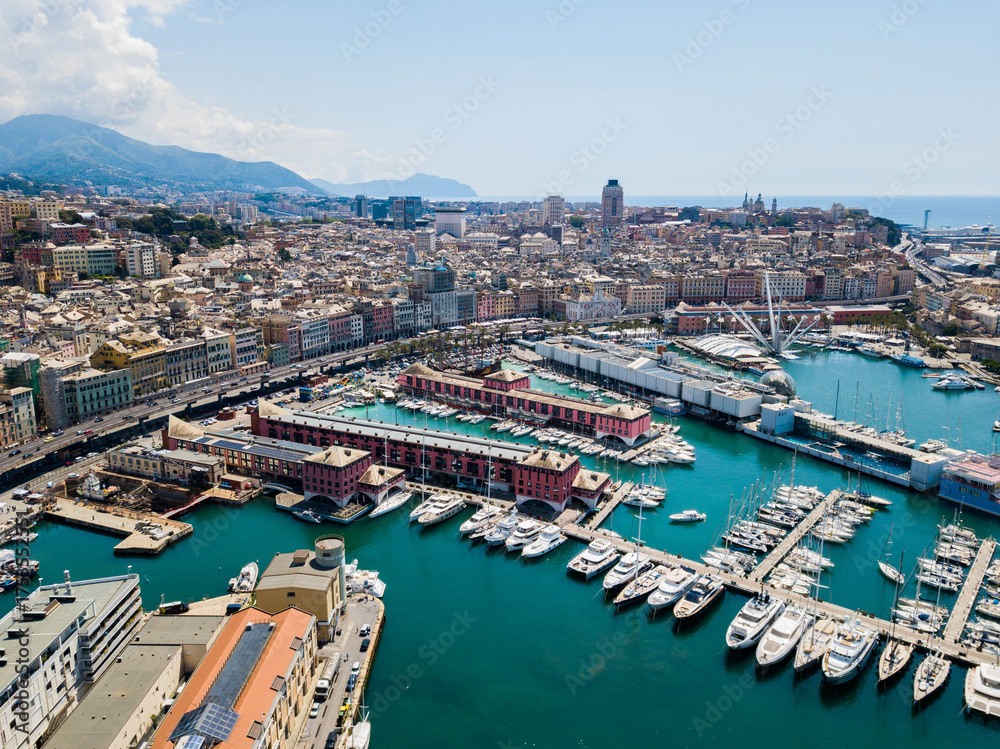 Obraz premium Genoa, Italy - aerial view of the port area and city
