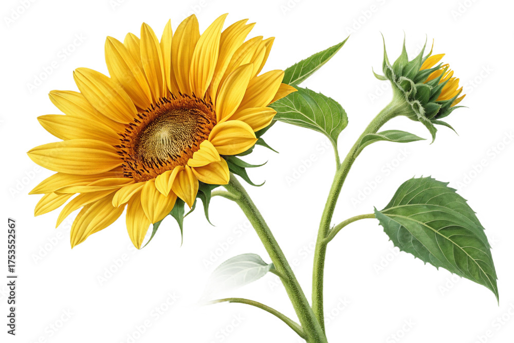 Naklejka premium bright yellow sunflower with green stem and leaves