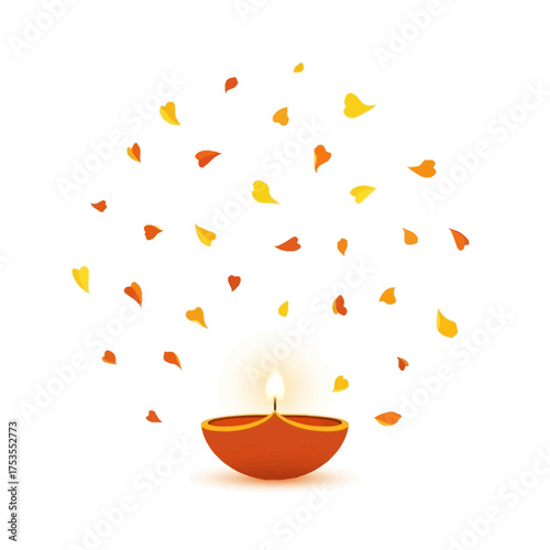 Celebrate Diwali with a vibrant diya lamp and falling petals, perfect for cards, invitations, and cultural event promotions, spreading festive joy