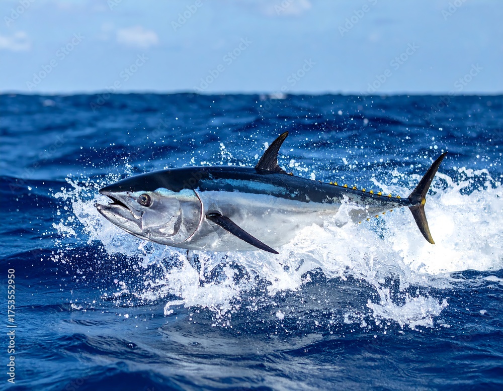 Obraz premium A sleek, streamlined tuna leaps powerfully from azure ocean waters, creating splashes. The fish, silver and blue, is backlit by bright sunlight