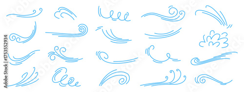 Hand drawn doodle of wind motion, flowing wind lines, swirl elements, flow air blow, smoke motion. Breath of the typhoon. Vector illustration isolated