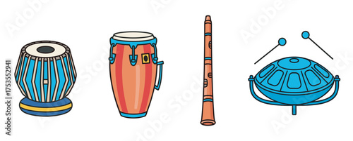 Colorful illustration of traditional musical instruments including tabla, conga drum, flute, and steel tongue drum, arranged in a linear formation.