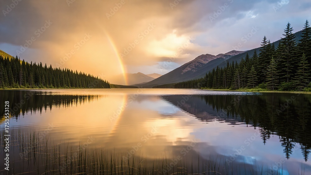 Fototapeta premium Rainbow Over Serene Lake Reflecting Forest and Mountains at Dusk.