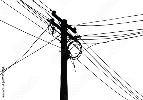 Utility pole silhouette, urban infrastructure, electrical wires, telecommunication cables, power lines, industrial network, chaotic wiring, energy grid, rural technology, connection system