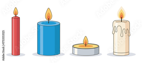 Four different styles of candles with flames, including tall red, blue, tealight, and white dripping wax candles.
