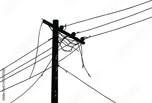 Utility pole silhouette, tangled wires, electrical infrastructure, power distribution, urban energy, insulators, cable chaos, rural grid, black and white contrast