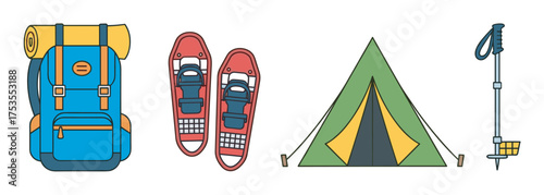 Colorful flat illustrations of essential camping gear including a blue backpack, red sneakers, a green triangular tent, and a hiking pole.