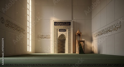 Serene mosque interior featuring ornate mihrab and illuminated calligraphy details
