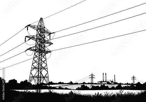High voltage transmission tower in rural landscape, electric power lines, energy infrastructure, industrial facility, smokestacks, countryside, electricity distribution network