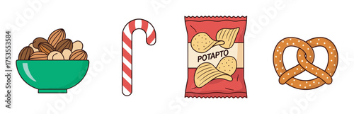 A colorful assortment of snacks including a bowl of mixed nuts, a candy cane, a bag of potato chips, and a salted pretzel.