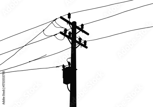 Utility pole silhouette, power lines, electrical infrastructure, transformer box, urban energy, grid system, industrial structure, electricity distribution, evening light, dramatic sky