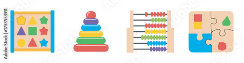 Colorful assortment of educational wooden toys including a shape sorter, stacking rings, abacus, and puzzle aimed at promoting children's cognitive development.