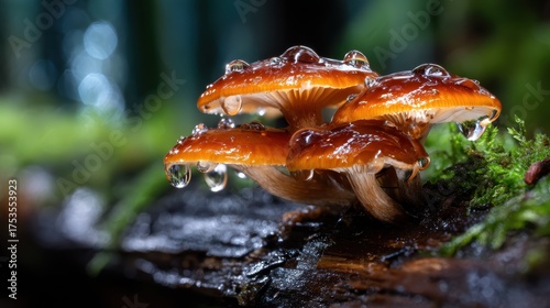 A close-up of mushrooms with water droplets sitting atop a log, nestled in lush greenery, highlighting the beauty of nature and its intricate details.