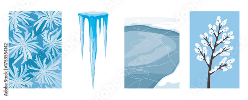 Four rectangular panels depicting winter themes: icy leaves, a single icicle, a frozen pond, and a snow-covered tree.