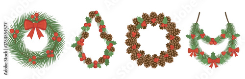 Four festive christmas wreaths elegantly decorated with red bows, berries, pinecones, and evergreen branches, symbolizing holiday cheer and winter celebrations.