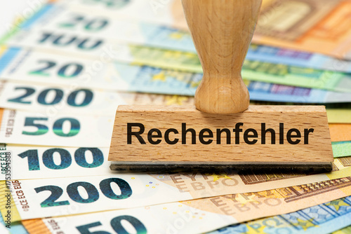 Wallpaper Mural Ein Holzstempel ist beschriftet mit dem Aufdruck Rechenfehler auf vielen Euro Banknoten als Symbolbild für eine Falschberechnung in den Finanzen Torontodigital.ca