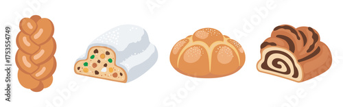 Variety of baked bread types including a braided loaf, a sugar-dusted fruitcake slice, a round bread, and a spiral-patterned pastry.