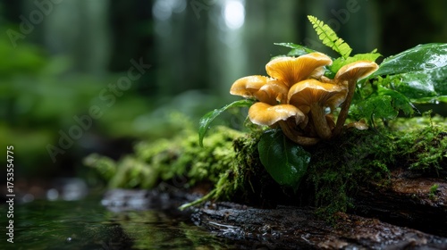 A group of vibrant mushrooms emerges from a mossy log in a lush green forest, showcasing the beauty of nature's diverse ecosystems and the harmony of life in forested areas.